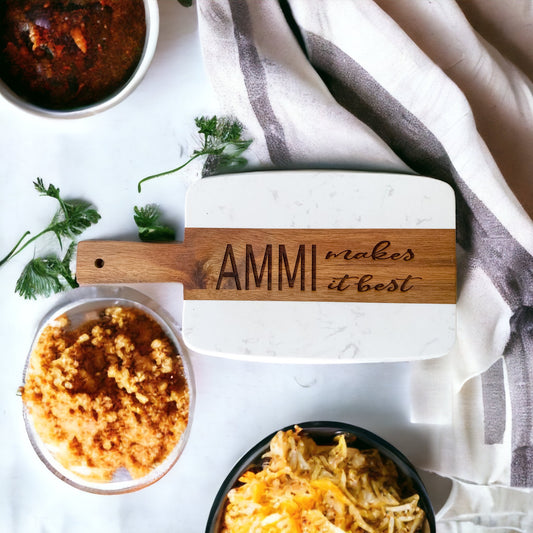 "AMMI MAKES IT BEST" Marble and Acacia Wood Cheese Serving Board