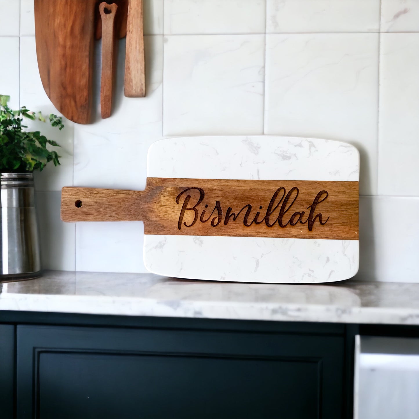 "BISMILLAH" Marble and Acacia Wood Cheese Serving Board