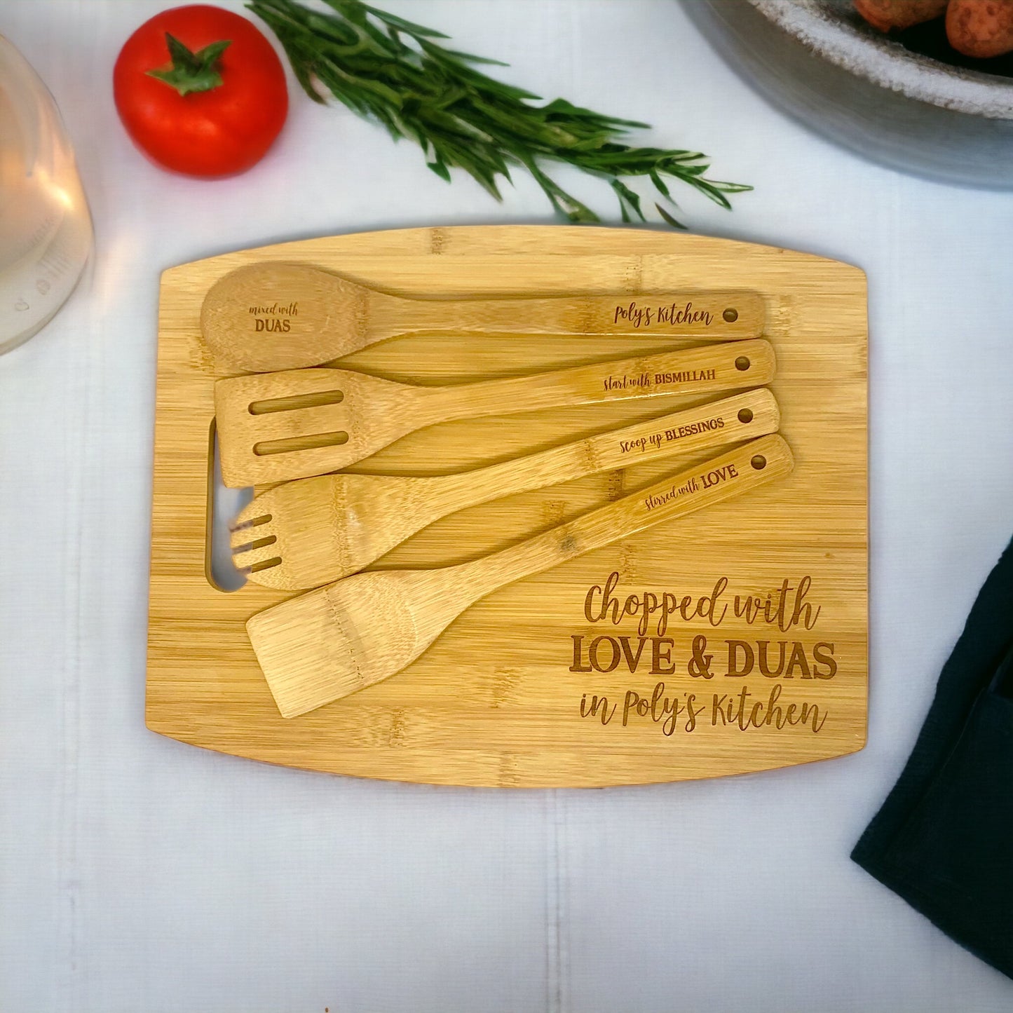 Wooden Bamboo Cutting Board & Serving Spoons Set