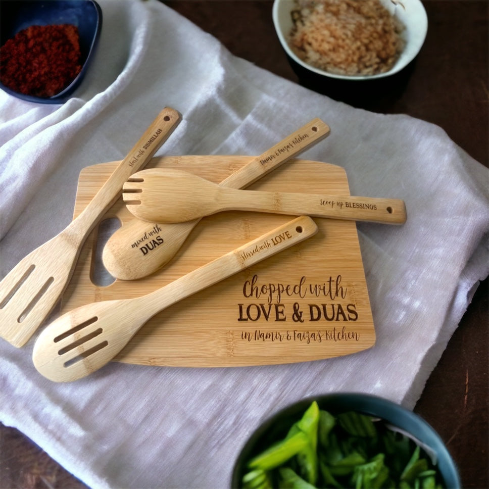 Wooden Bamboo Cutting Board & Serving Spoons Set